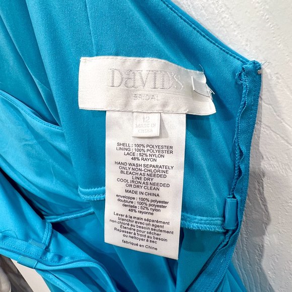 Davids Bridal Mesh Dress with Lace Sleeves and Keyhole Back in Malibu - Picture 3 of 11